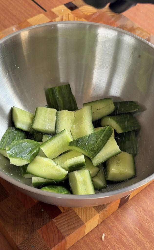 salting cucumbers for Chinese cucumber salad