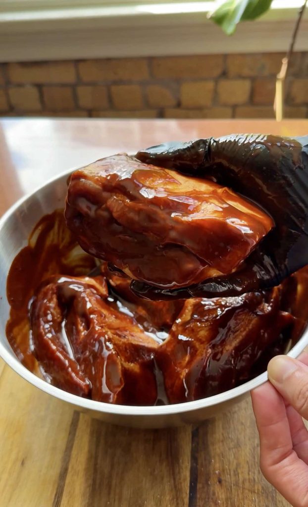 marinated pork for The Best Char Siu Pork (Red BBQ Pork) recipe by Sam Low