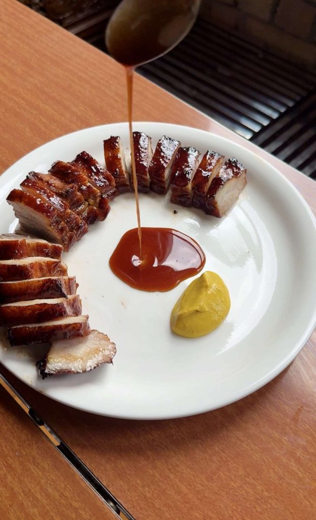 sauce and mustard served with pork belly char siu for The Best Char Siu Pork (Red BBQ Pork) recipe by Sam Low
